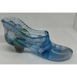Fenton Glass Blue Hand Painted Slipper Shoe Tulips 95th Anniversary